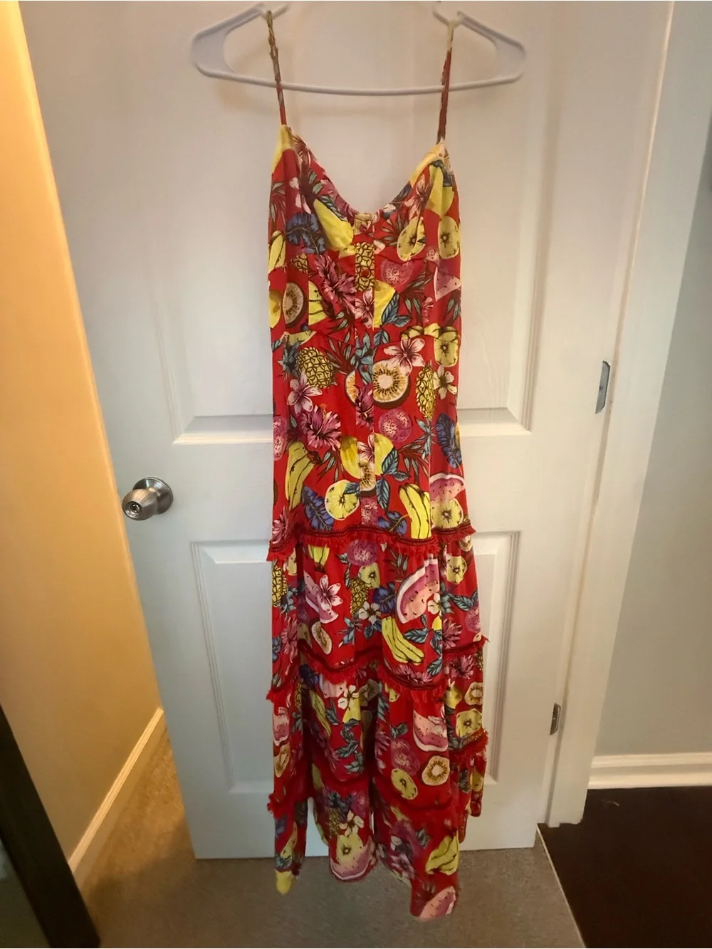 Aqua Red Tropical Fruit Tiered Maxi Dress